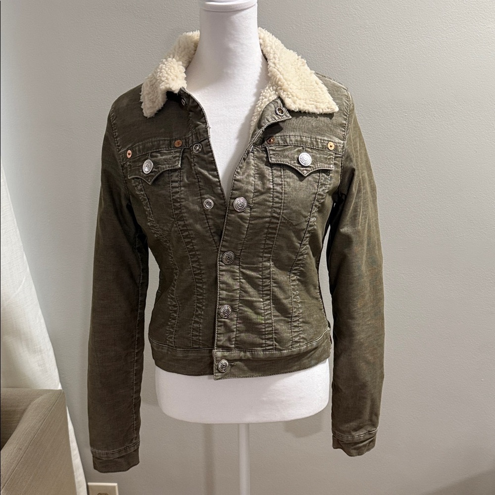 True Religion Khaki Jean Jacket with Sherpa Collar